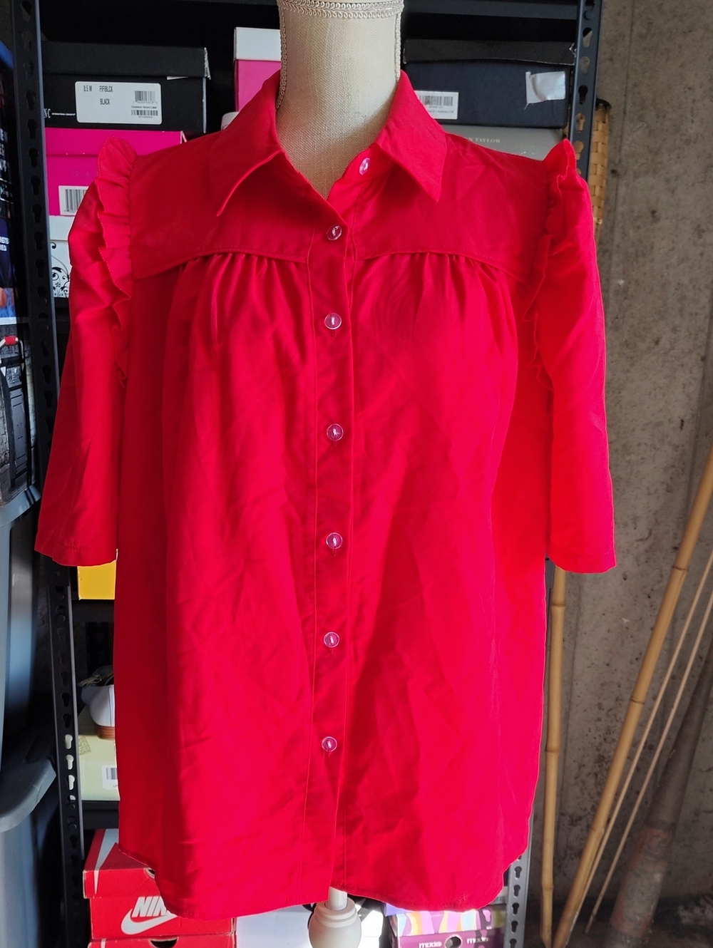 Women’s Button-Down Ruffle Sleeve Shirt in Bright Red